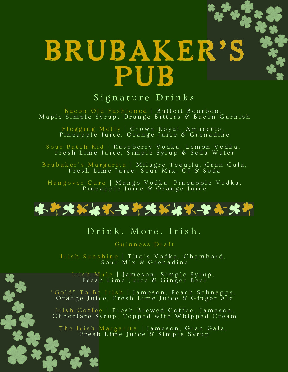 Brubaker's Pub Menu for Locations in Green, Stow, and Hudson Menu Page 2