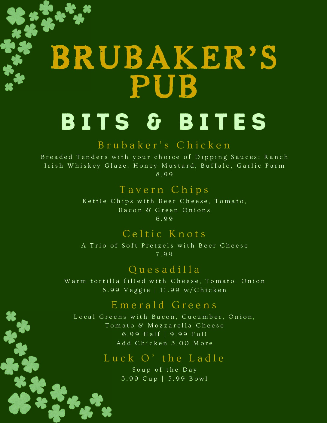 Brubaker's Pub Menu for Locations in Green, Stow, and Hudson Menu Page 2
